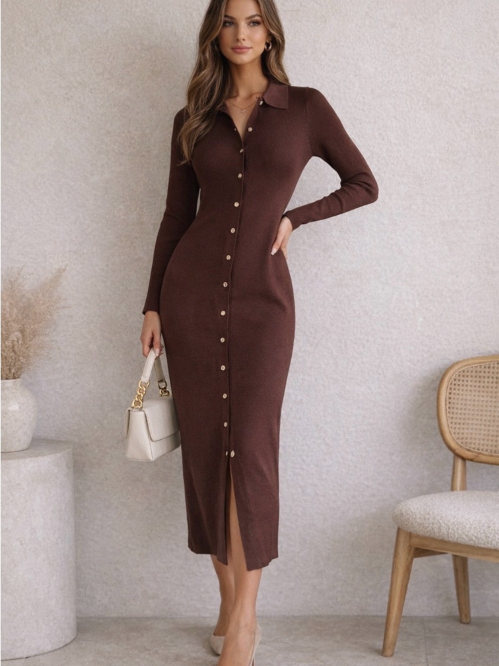 Commense ribbed knit midi dress women’s small brown button front collared long